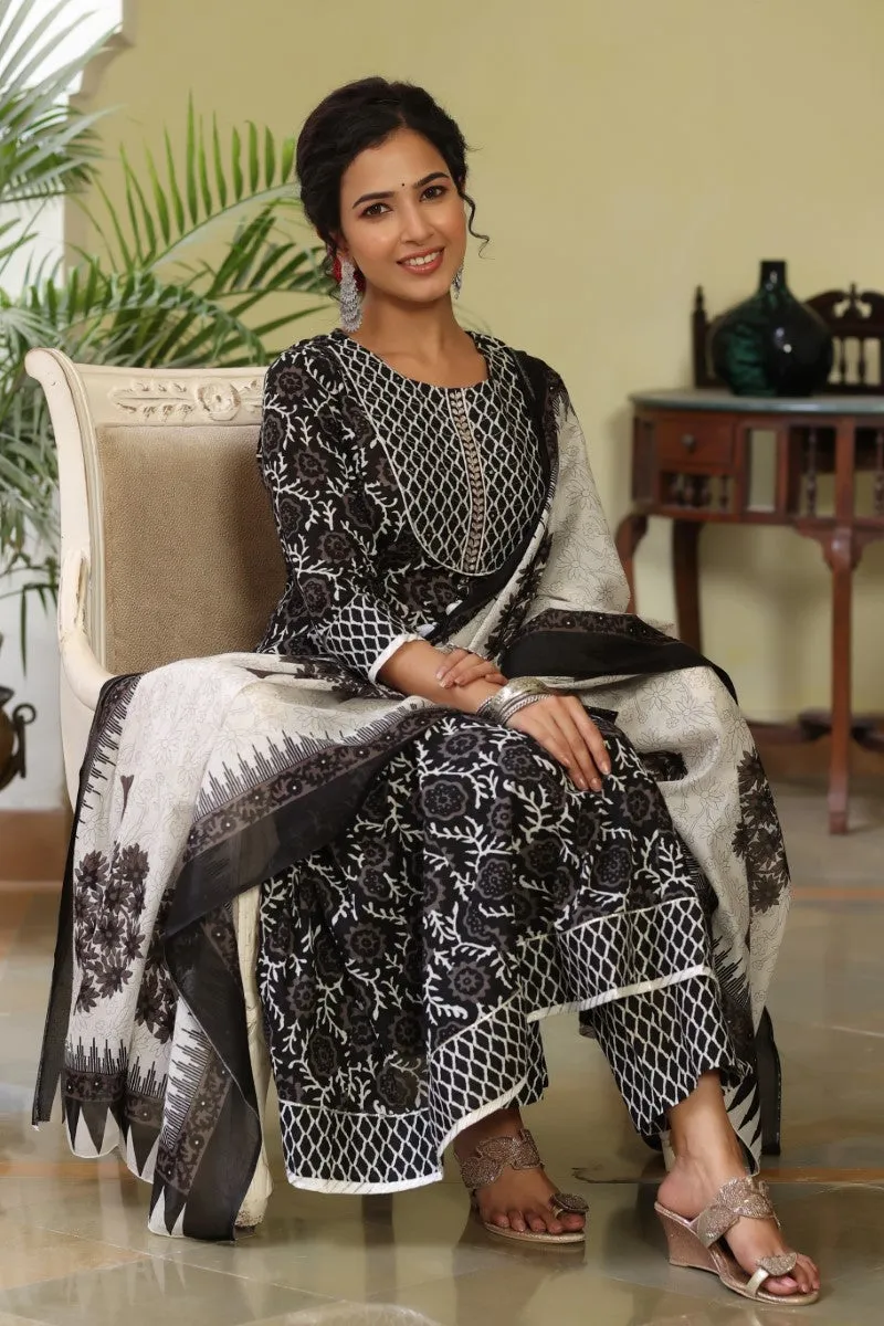 Black White Sequinned Kurta with Trousers and Dupatta