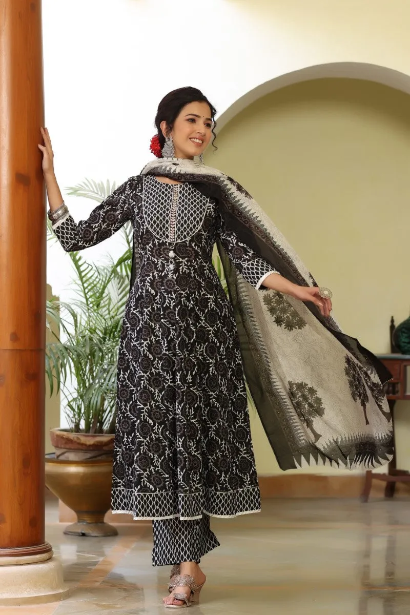 Black White Sequinned Kurta with Trousers and Dupatta