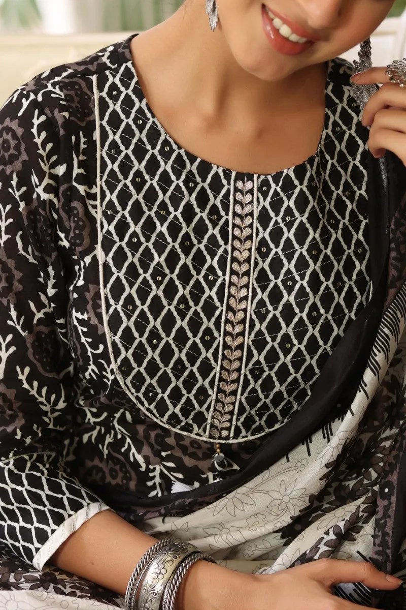 Black White Sequinned Kurta with Trousers and Dupatta