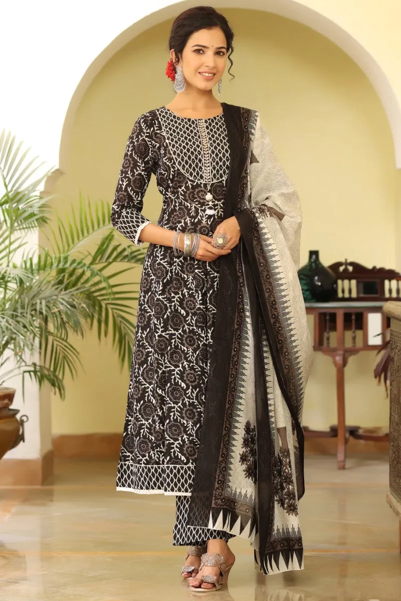 Black White Sequinned Kurta with Trousers and Dupatta