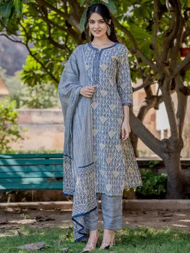 Blue Cotton Three Quarter Regular Sleeves Straight Kurta Dupatta Set