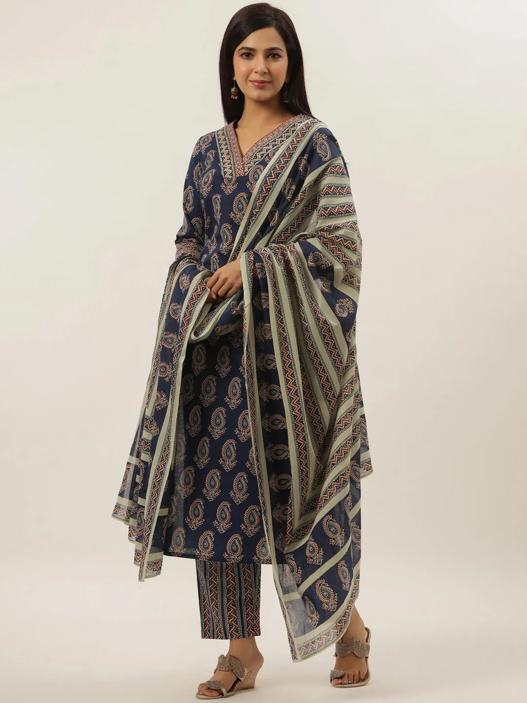 Blue Ethnic Motifs Cotton Dupatta Set