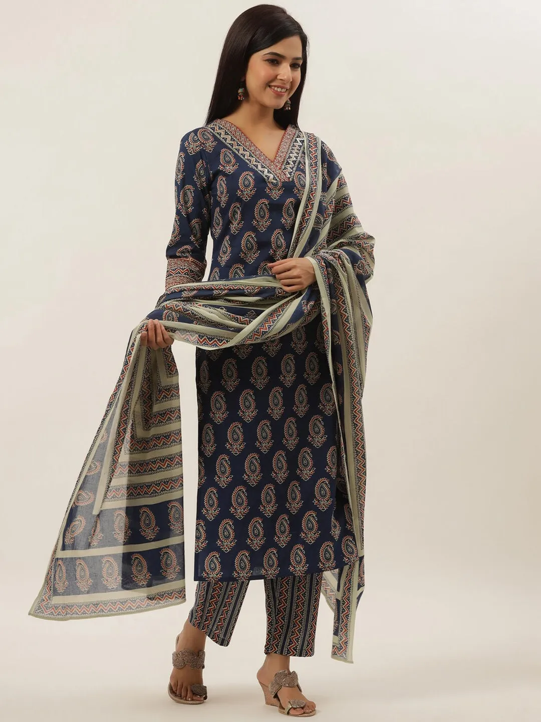 Blue Ethnic Motifs Cotton Dupatta Set