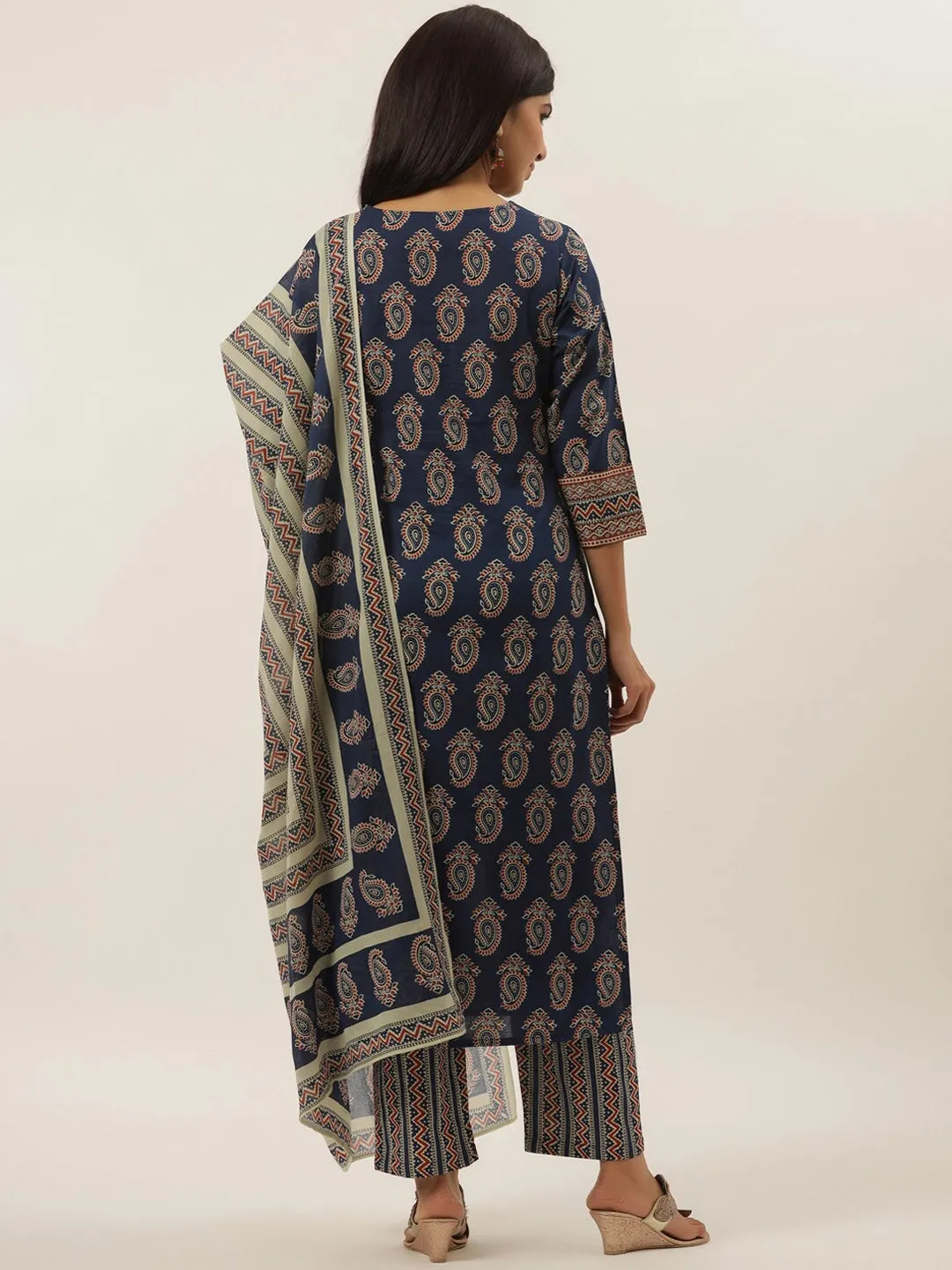 Blue Ethnic Motifs Cotton Dupatta Set