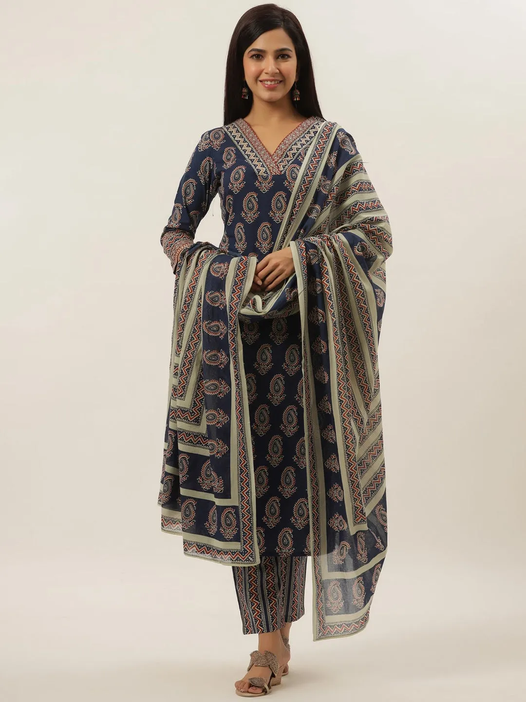 Blue Ethnic Motifs Cotton Dupatta Set