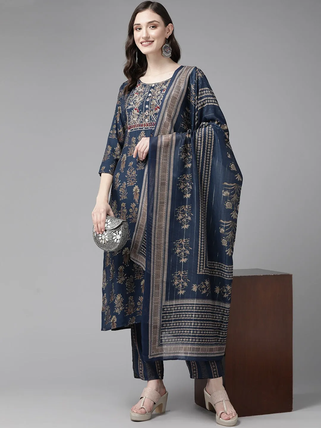 Blue Ethnic Motifs Printed Quarter Sleeves Dupatta Set