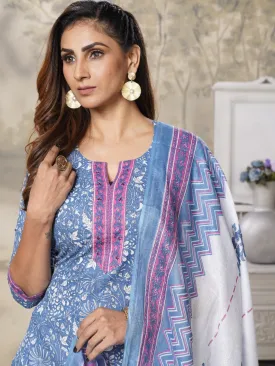 Blue Floral Printed Pure Cotton Dupatta Set