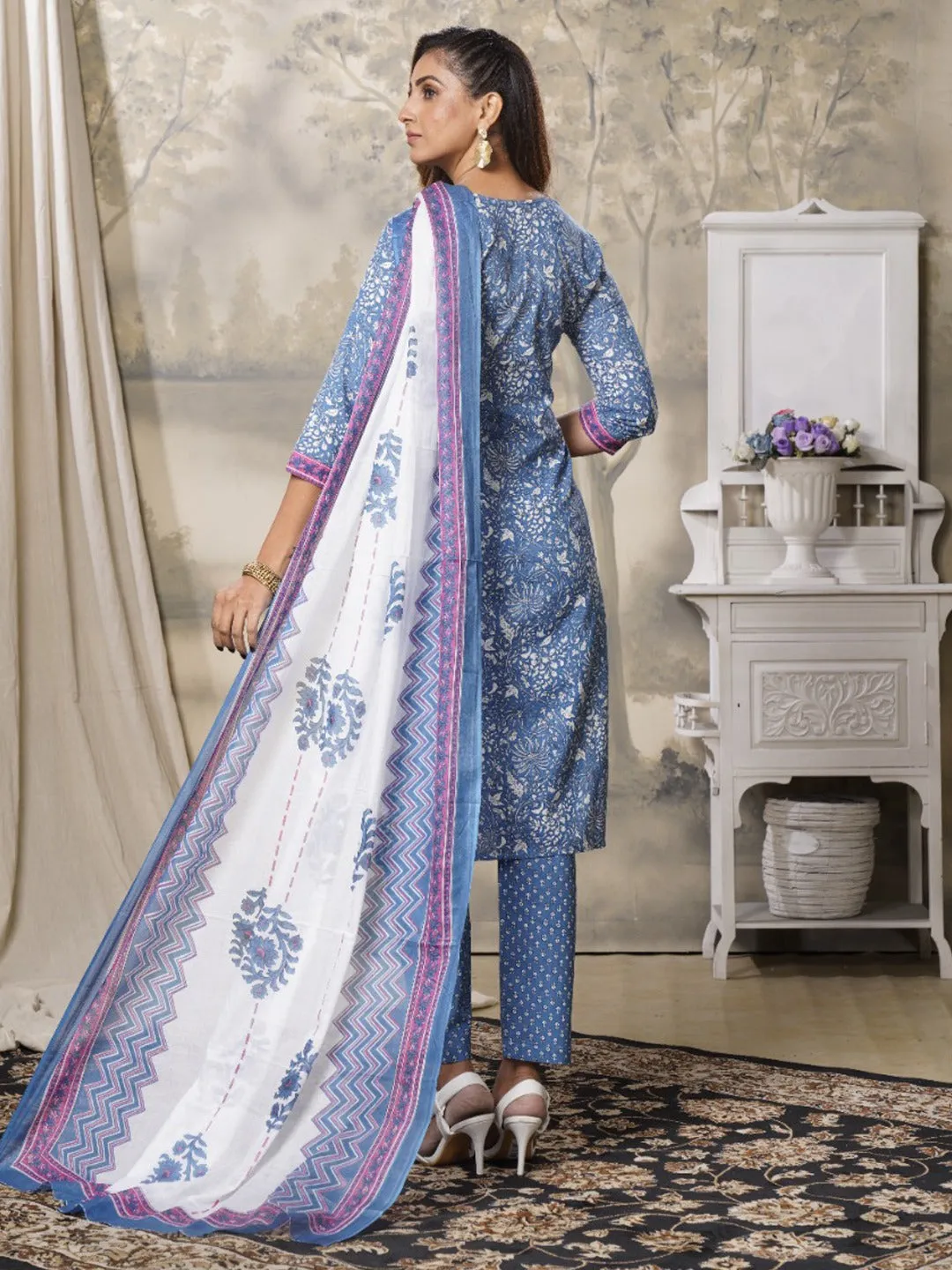 Blue Floral Printed Pure Cotton Dupatta Set