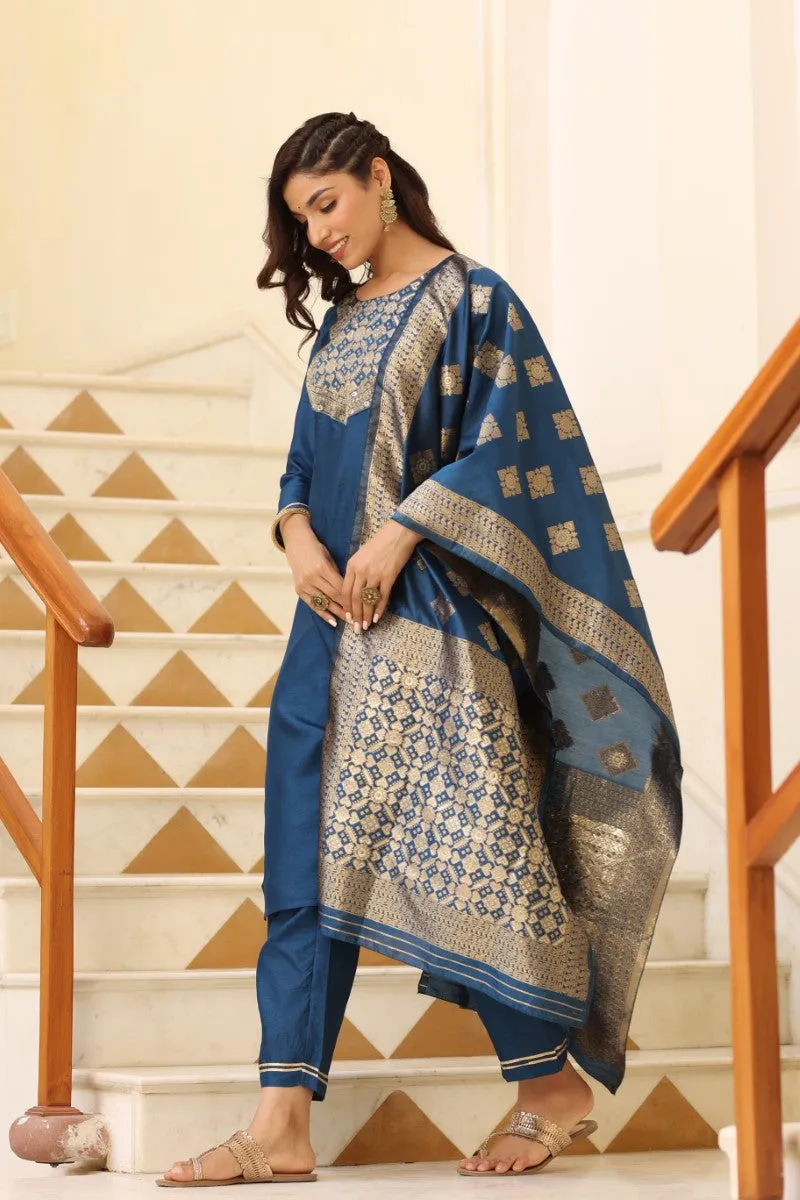 Blue Poly Silk Solid Straight Suit Set