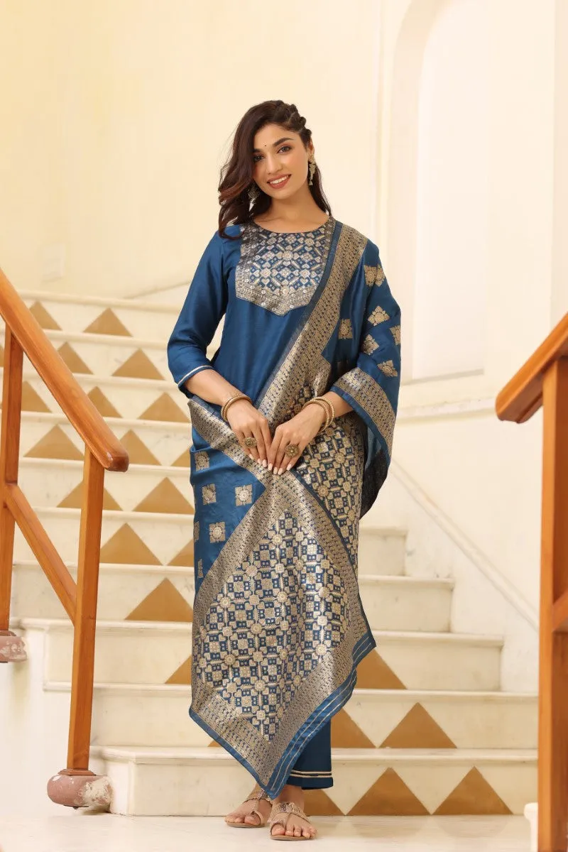 Blue Poly Silk Solid Straight Suit Set