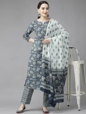 Blue Print Cotton Dupatta Set