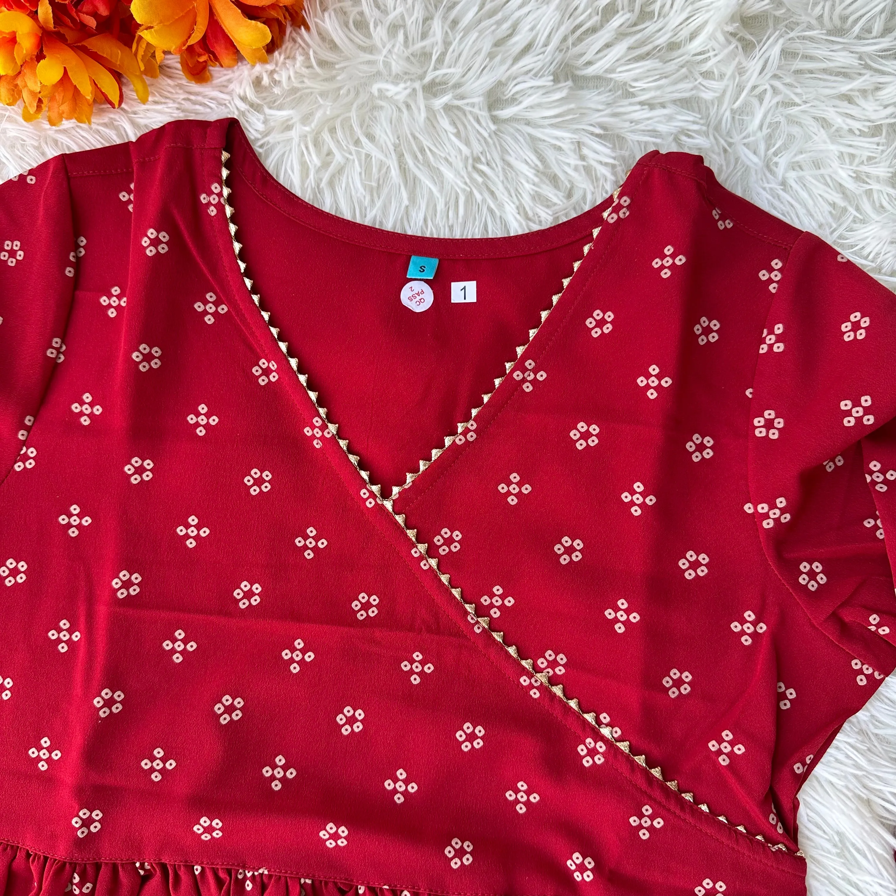 Feminine Flair: Maroon Crepe Bandhani Printed Flared Kurta with V-Neckline