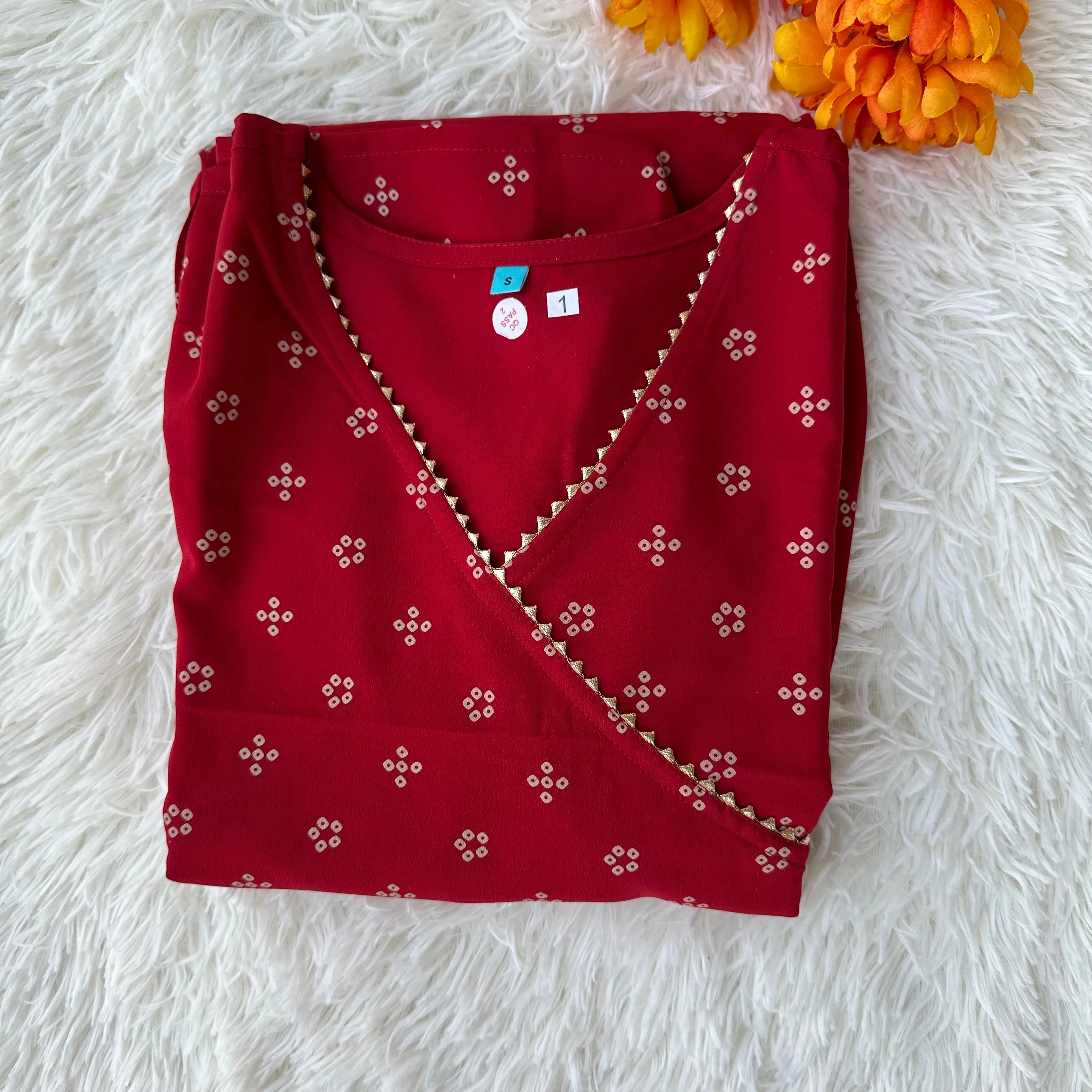 Feminine Flair: Maroon Crepe Bandhani Printed Flared Kurta with V-Neckline