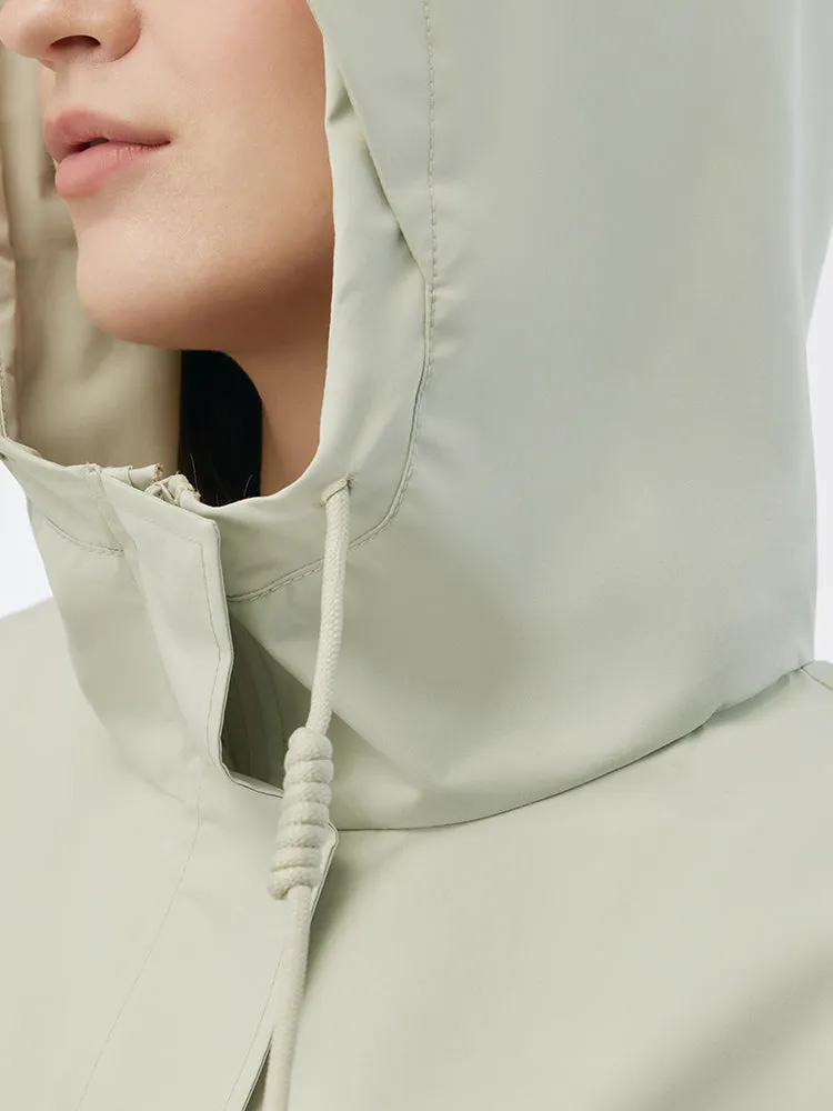 Hooded Stand Collar Gathered Waist Women Trench Coat