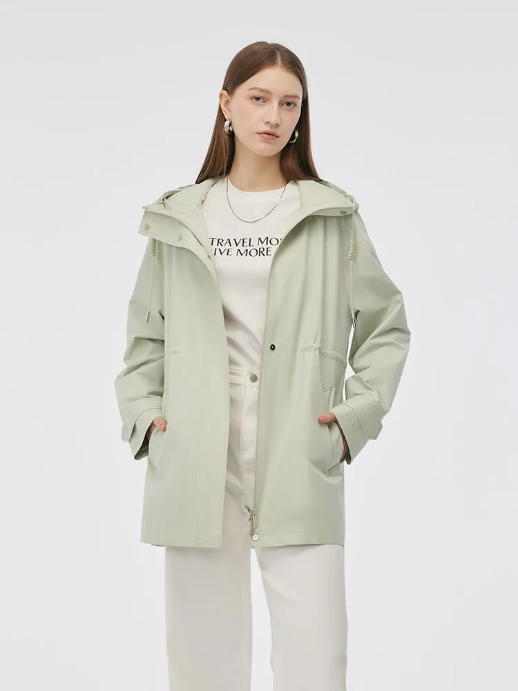 Hooded Stand Collar Gathered Waist Women Trench Coat