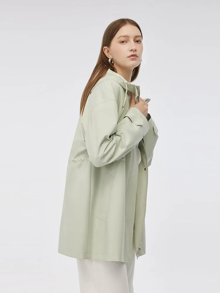 Hooded Stand Collar Gathered Waist Women Trench Coat