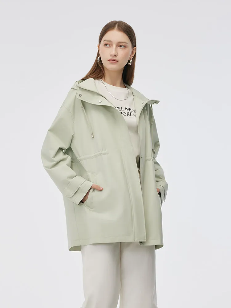Hooded Stand Collar Gathered Waist Women Trench Coat