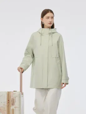Hooded Stand Collar Gathered Waist Women Trench Coat