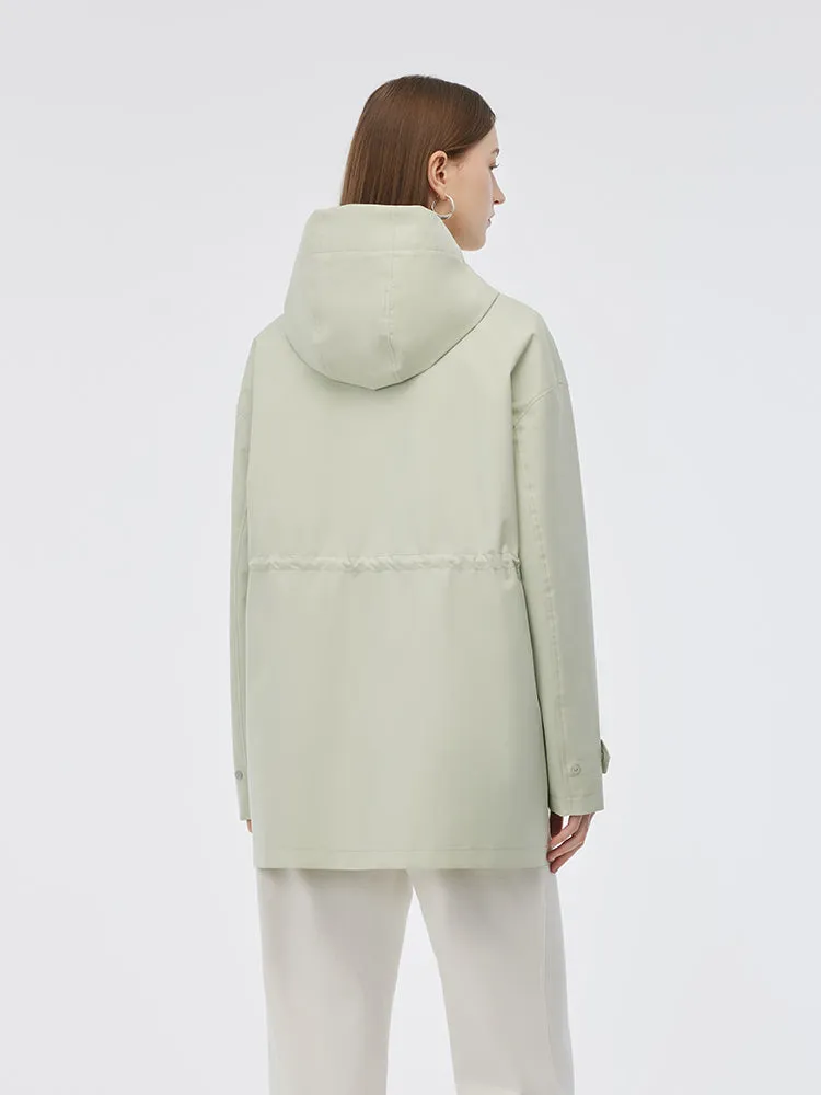 Hooded Stand Collar Gathered Waist Women Trench Coat