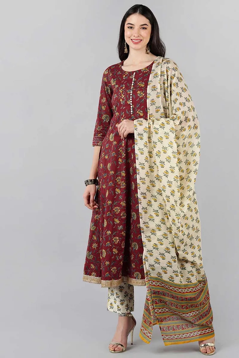 Maroon Pure Cotton Flared Kurta Pant With Dupatta