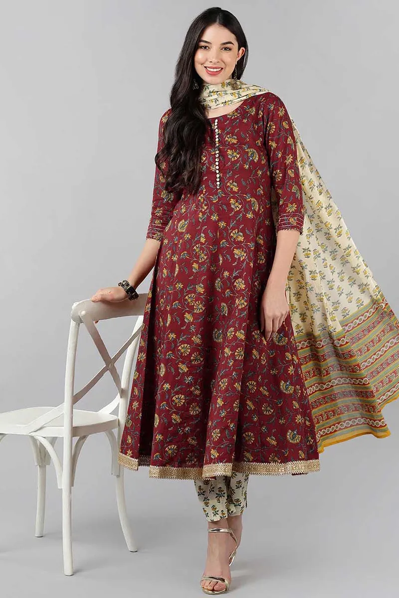 Maroon Pure Cotton Flared Kurta Pant With Dupatta