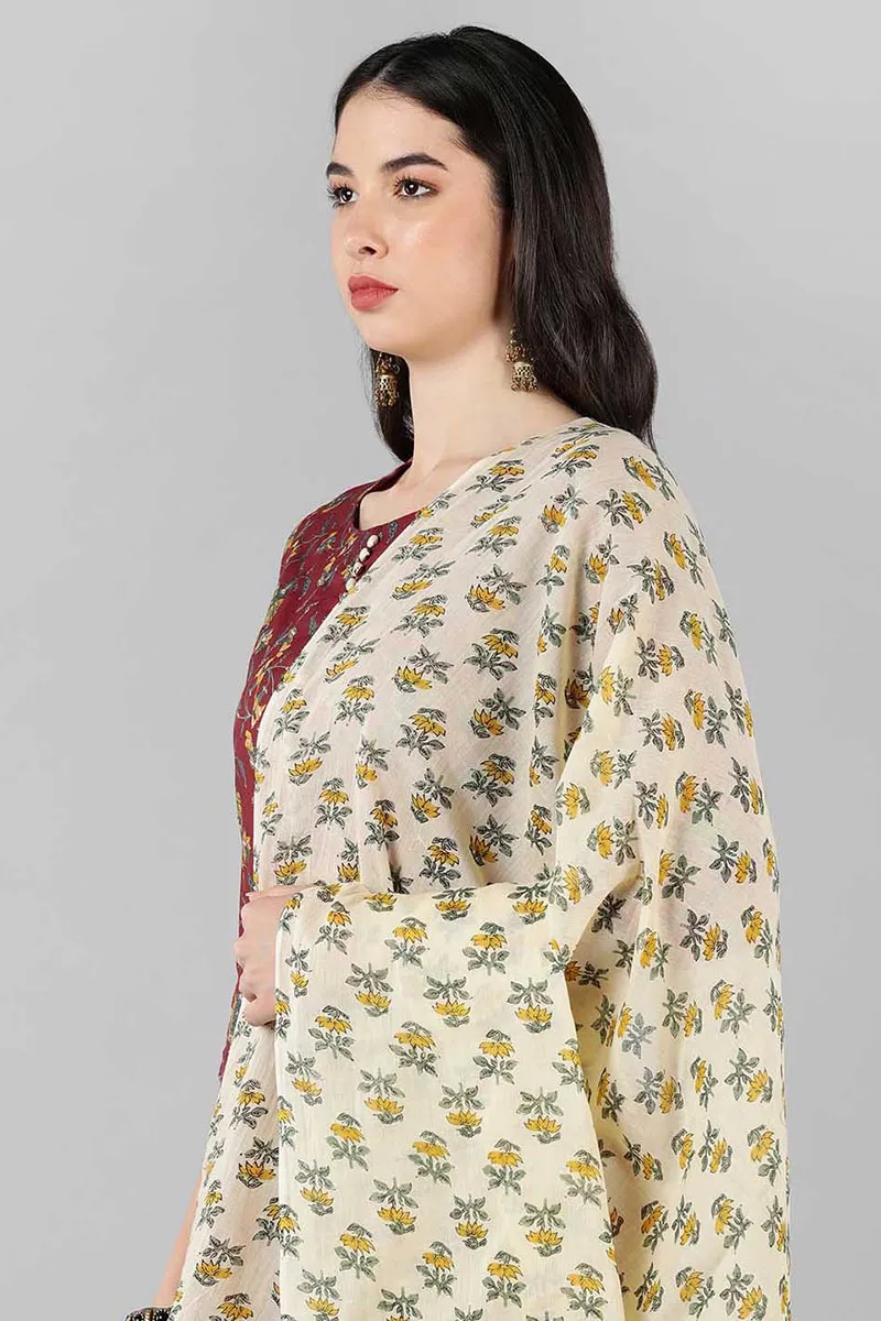 Maroon Pure Cotton Flared Kurta Pant With Dupatta