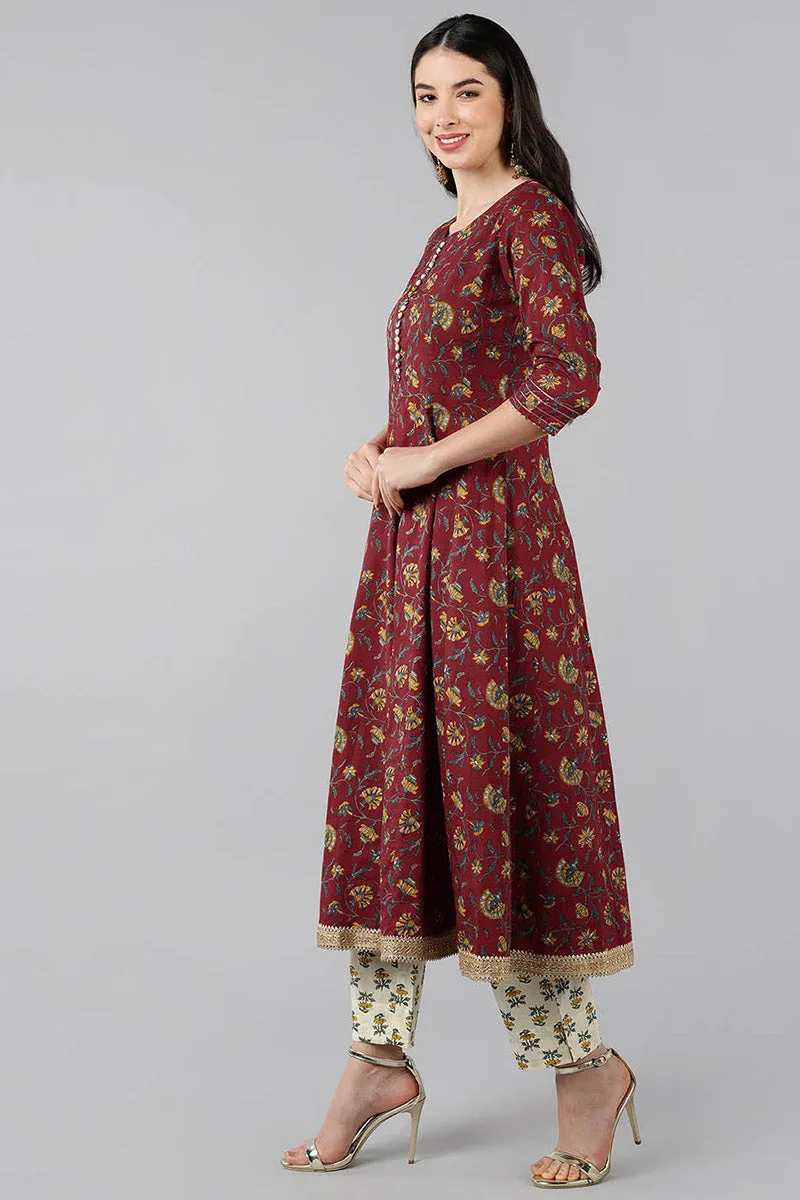 Maroon Pure Cotton Flared Kurta Pant With Dupatta