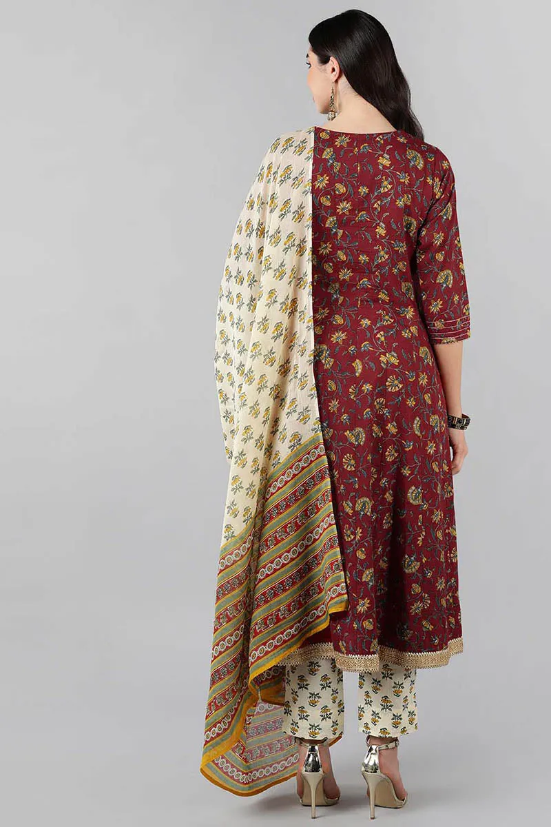 Maroon Pure Cotton Flared Kurta Pant With Dupatta