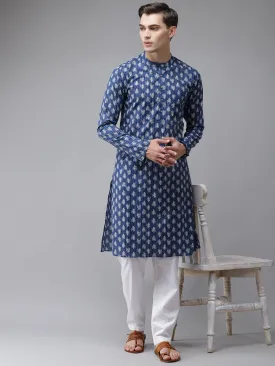 Men Blue Pure Cotton Printed Regular Kurta With Trousers