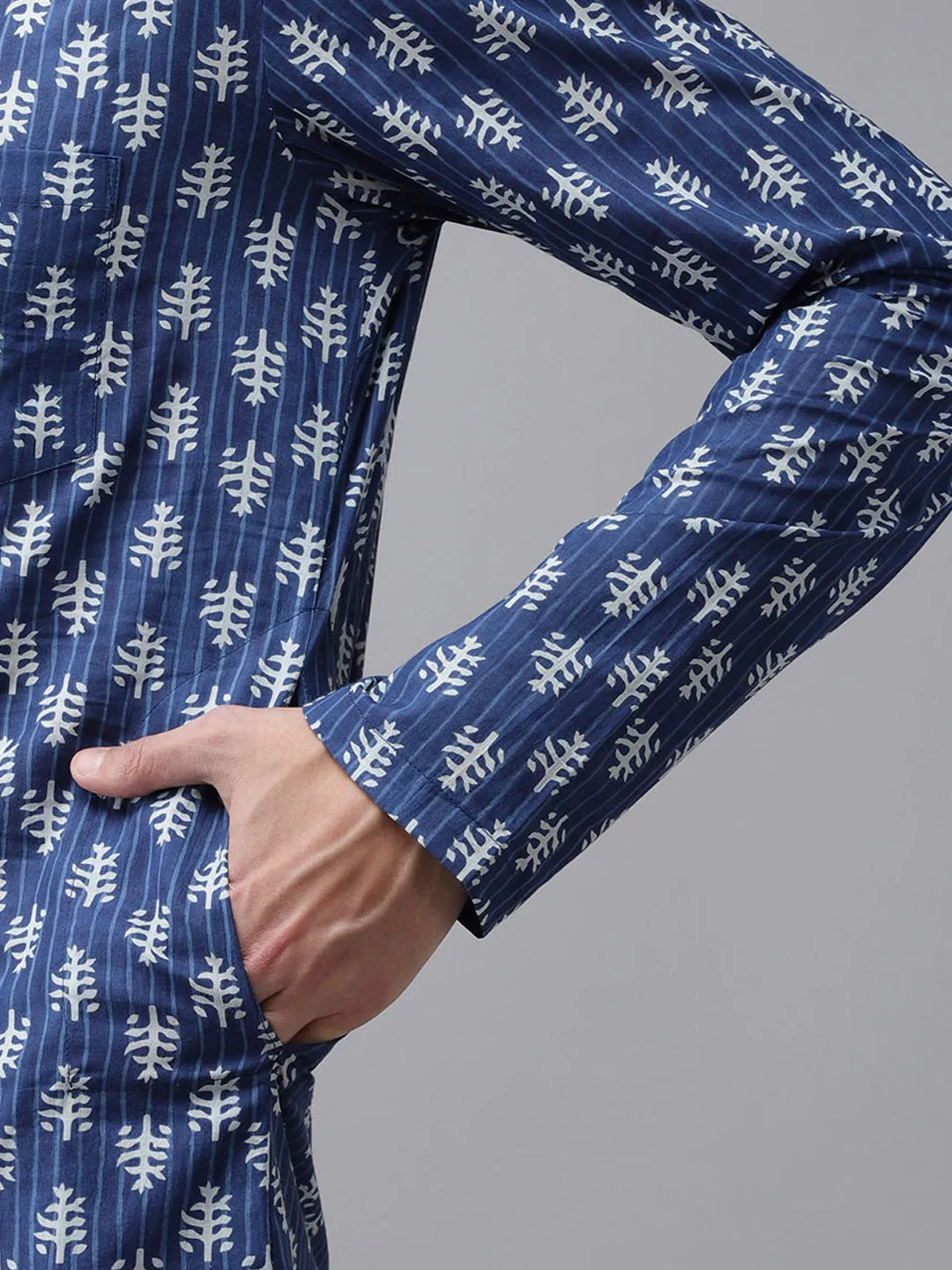 Men Blue Pure Cotton Printed Regular Kurta With Trousers