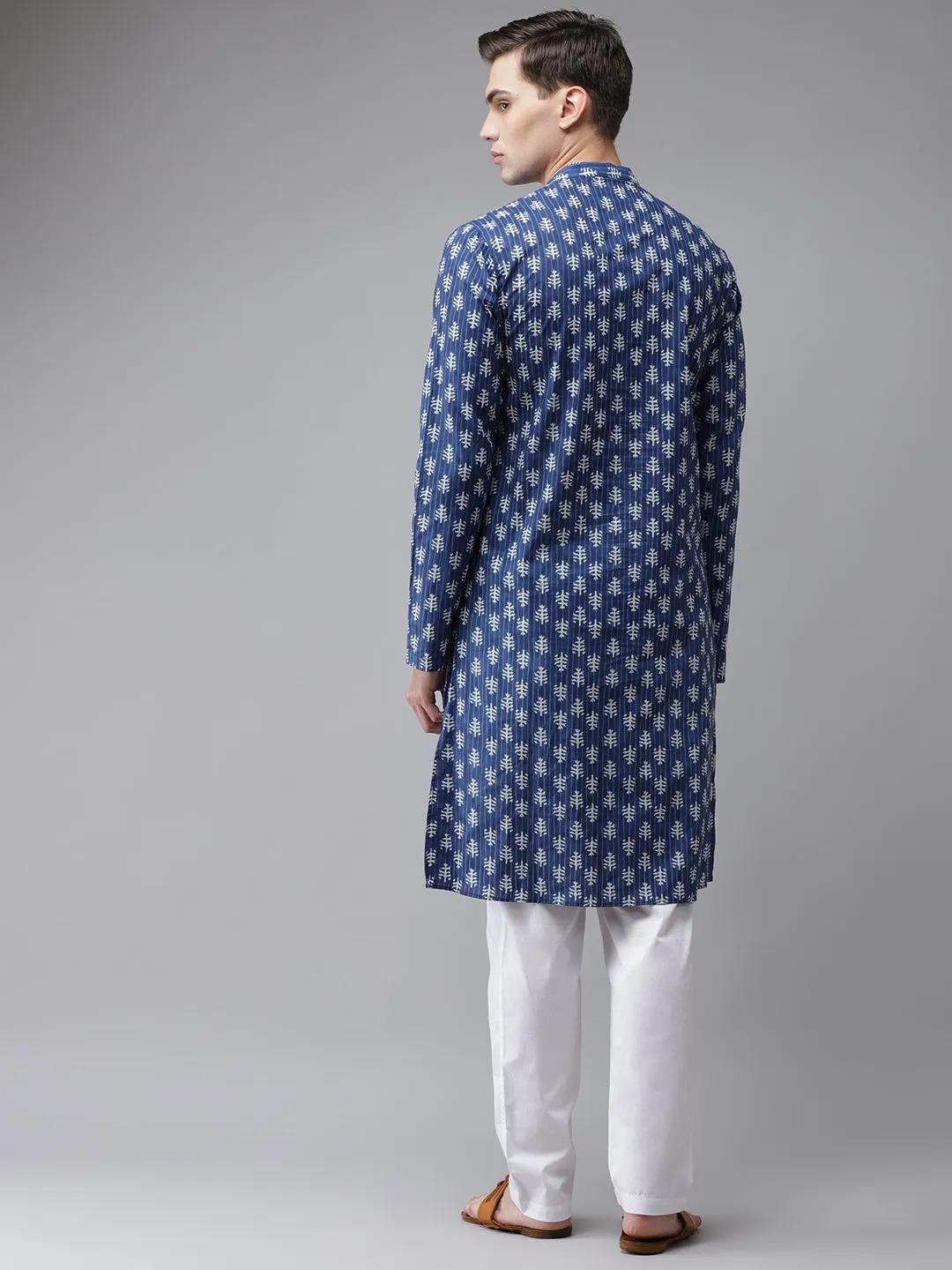 Men Blue Pure Cotton Printed Regular Kurta With Trousers