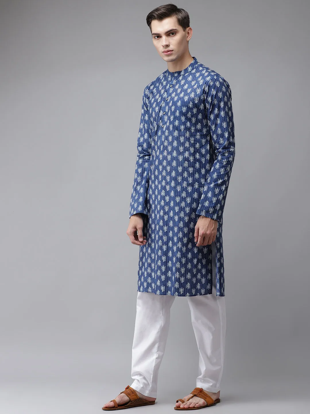 Men Blue Pure Cotton Printed Regular Kurta With Trousers