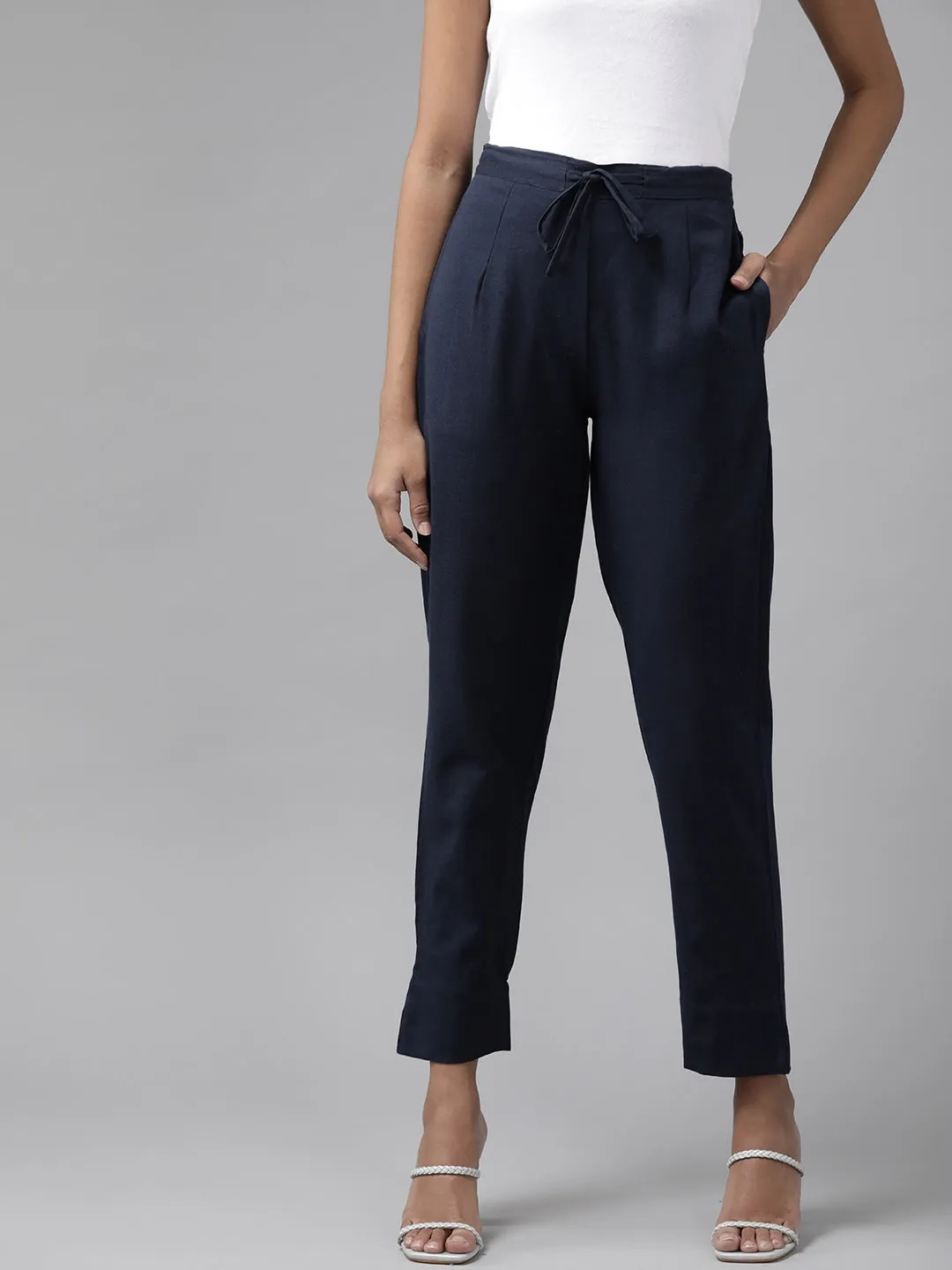 Navy Blue Cotton Fit Trousers