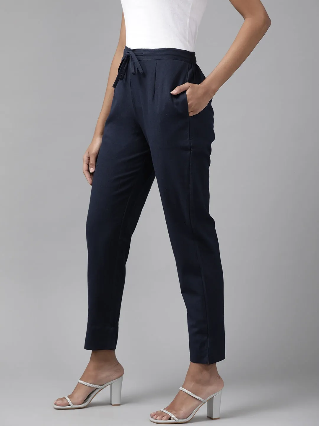 Navy Blue Cotton Fit Trousers