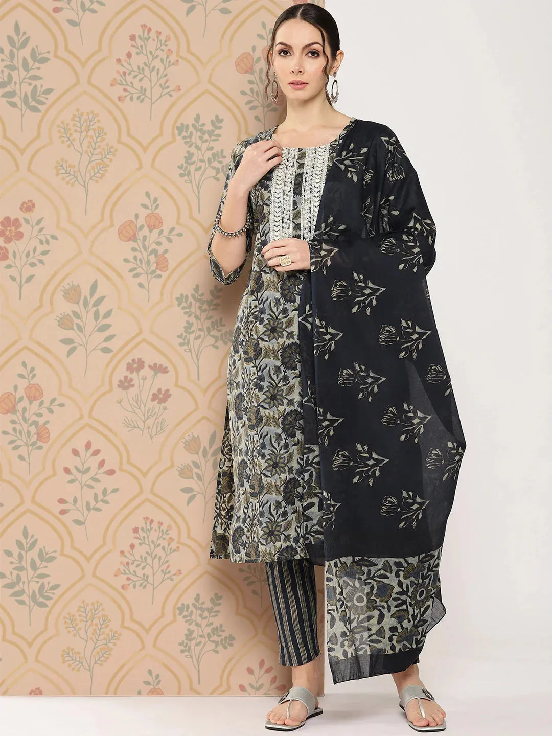 Navy Blue Floral Embroidered Regular Pure Cotton Kurta With Trousers & With Dupatta Set