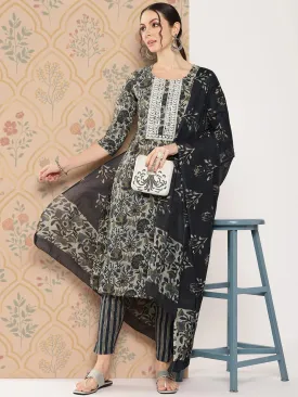Navy Blue Floral Embroidered Regular Pure Cotton Kurta With Trousers & With Dupatta Set