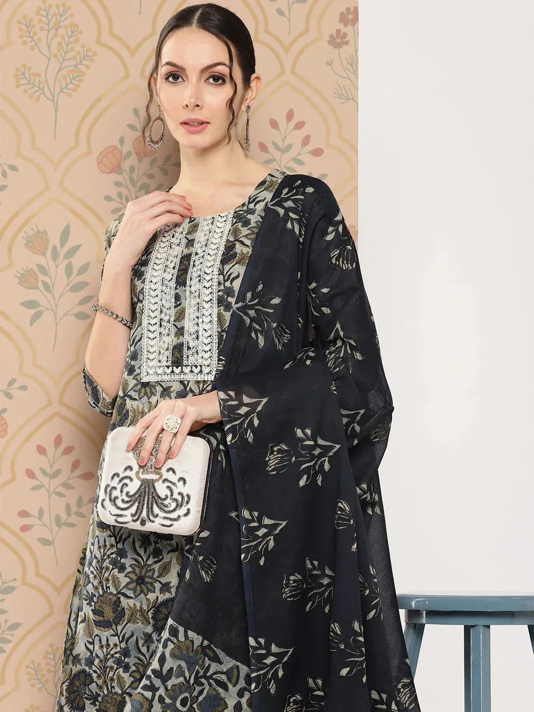 Navy Blue Floral Embroidered Regular Pure Cotton Kurta With Trousers & With Dupatta Set