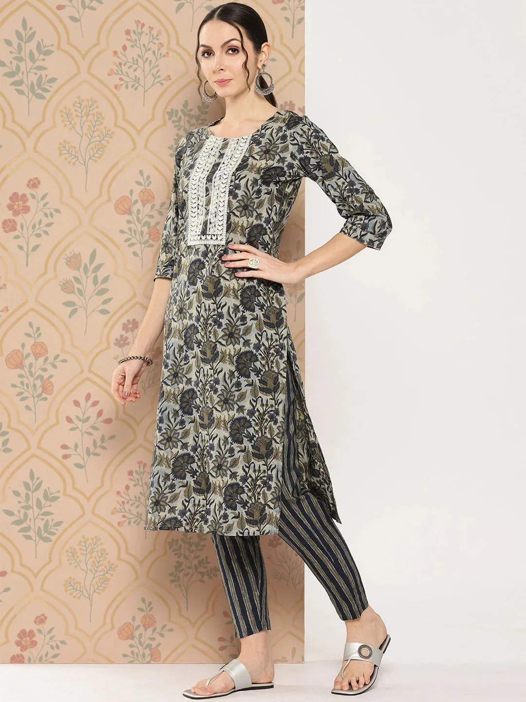 Navy Blue Floral Embroidered Regular Pure Cotton Kurta With Trousers & With Dupatta Set