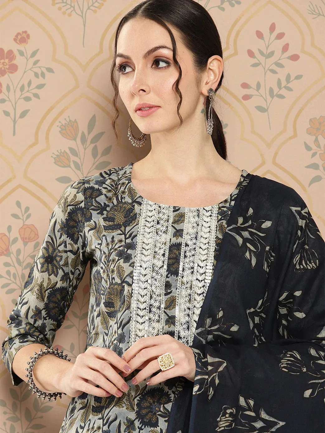 Navy Blue Floral Embroidered Regular Pure Cotton Kurta With Trousers & With Dupatta Set