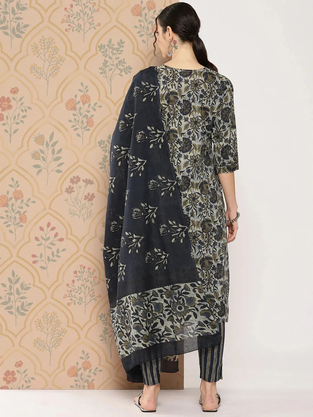 Navy Blue Floral Embroidered Regular Pure Cotton Kurta With Trousers & With Dupatta Set
