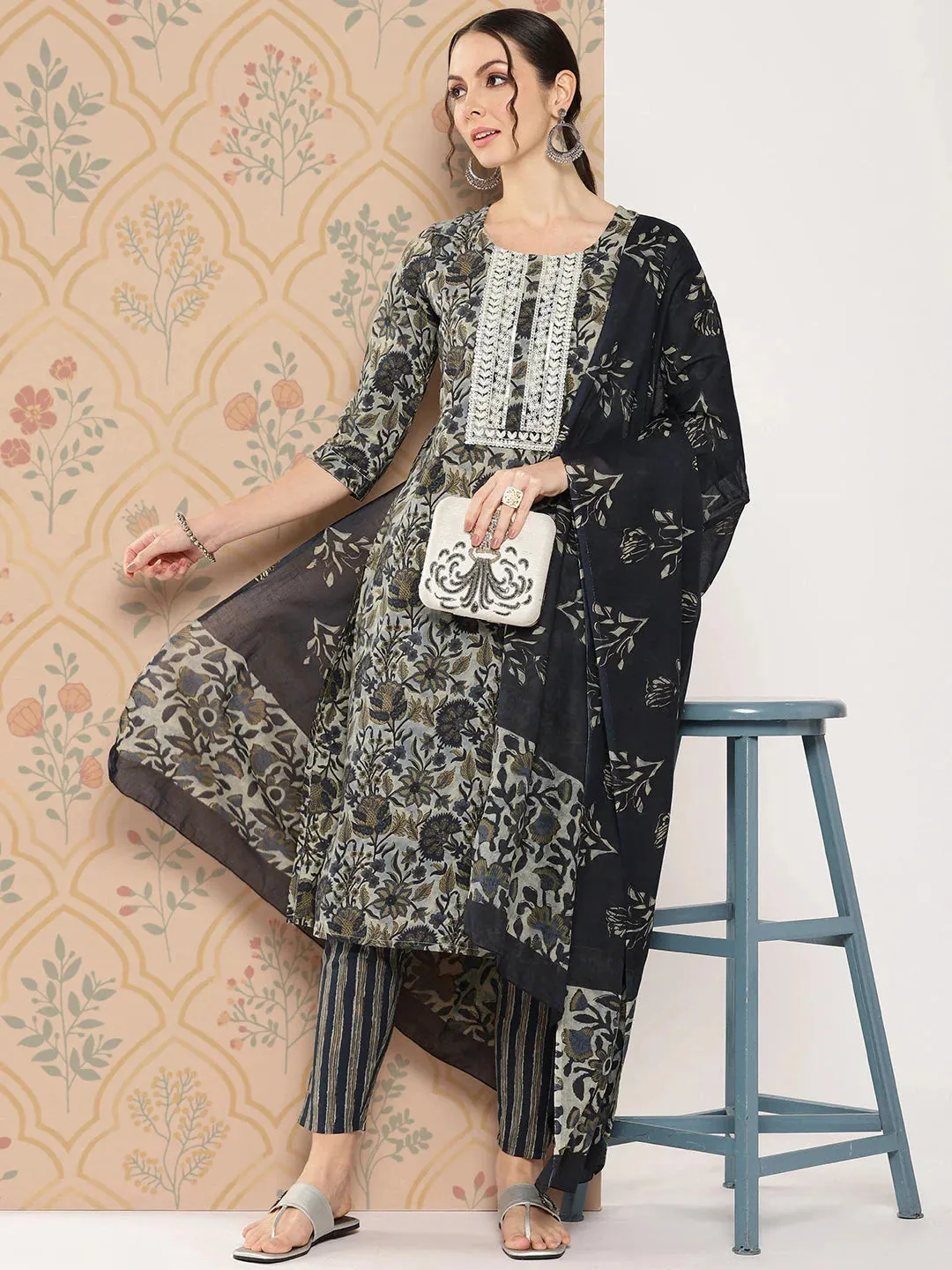 Navy Blue Floral Embroidered Regular Pure Cotton Kurta With Trousers & With Dupatta Set