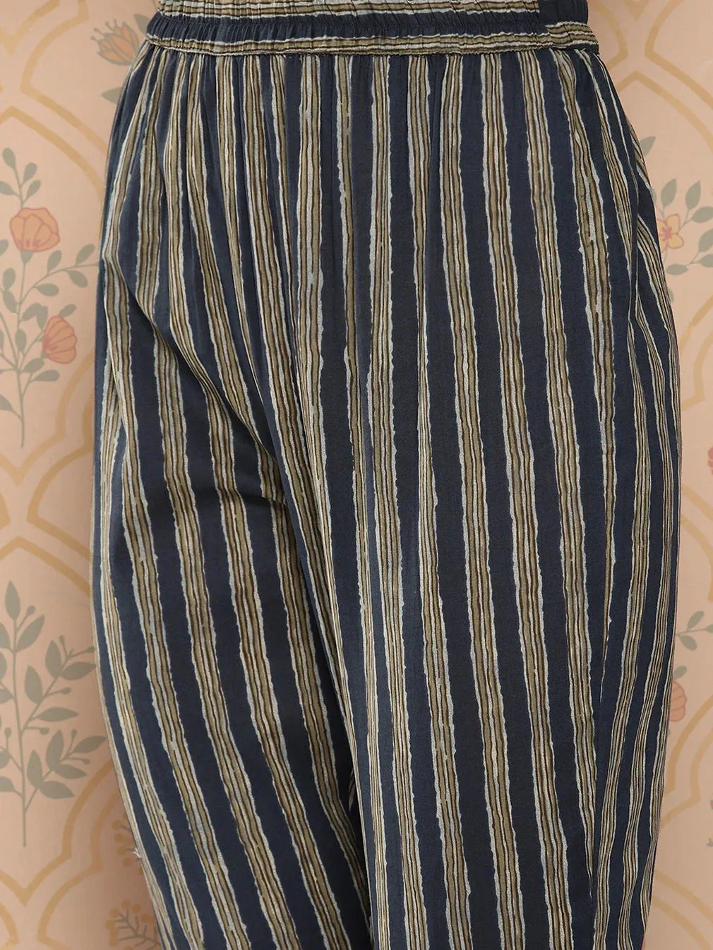 Navy Blue Floral Embroidered Regular Pure Cotton Kurta With Trousers & With Dupatta Set