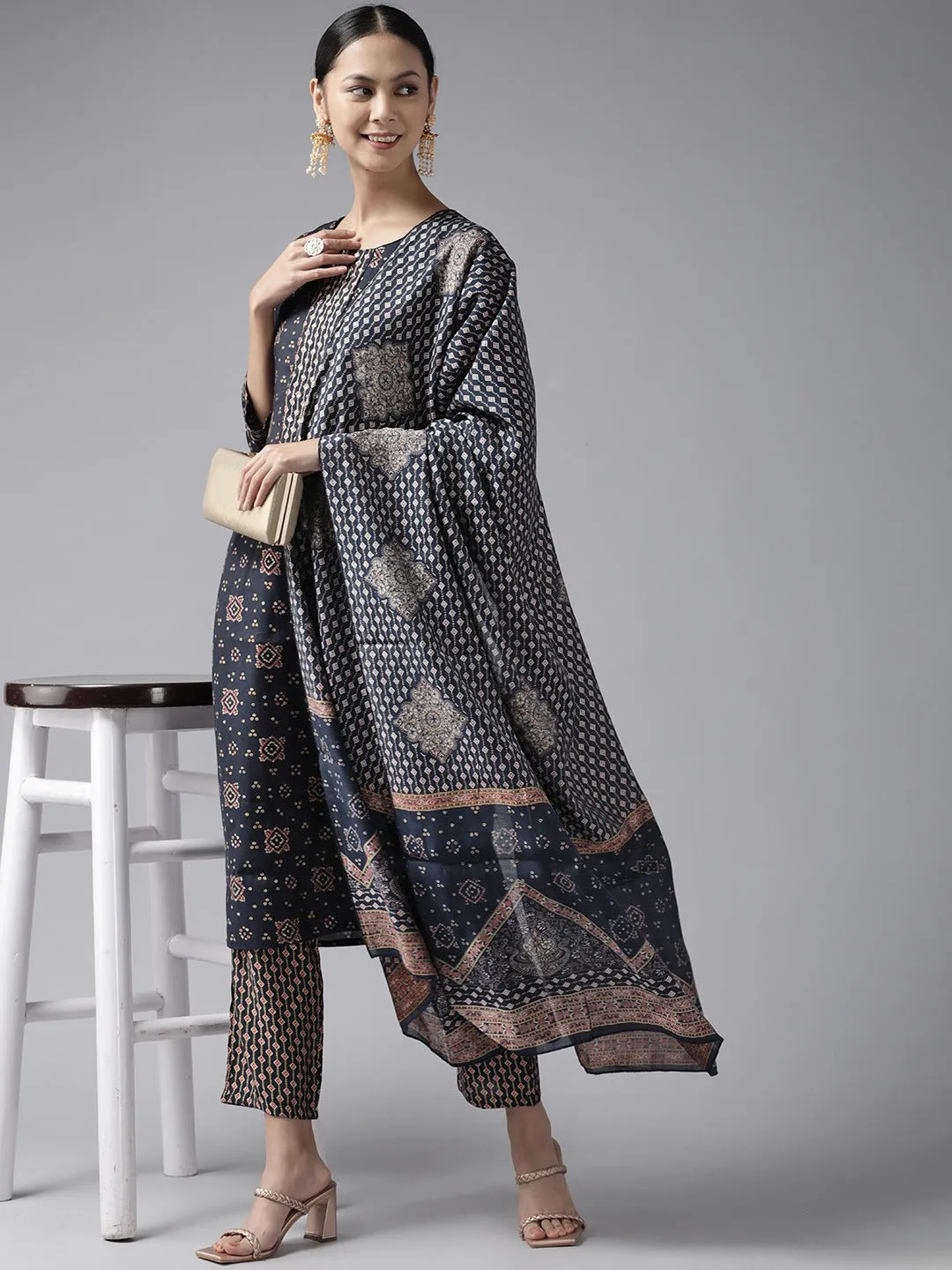Navy Blue Sequinned Dupatta Set