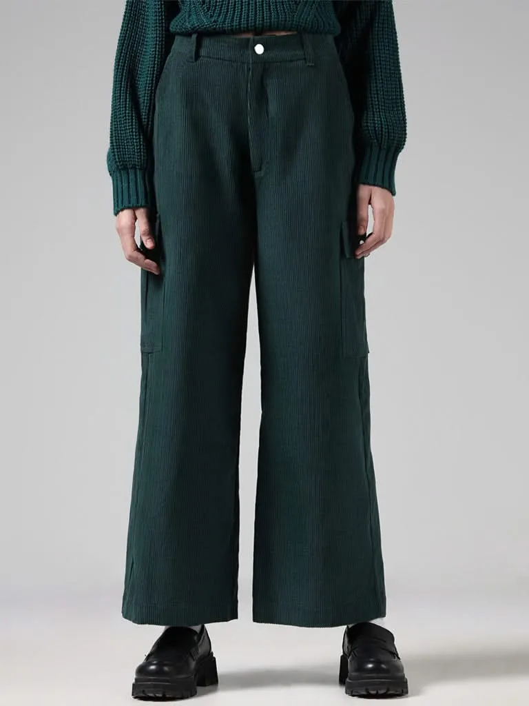 Nuon Green Ribbed Cotton Mid-Rise Trousers