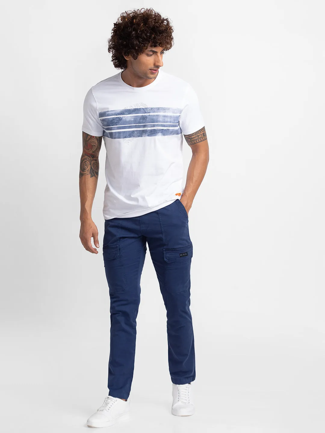 Spykar Navy Blue Cotton Slim Fit Regular Length Trouser For Men