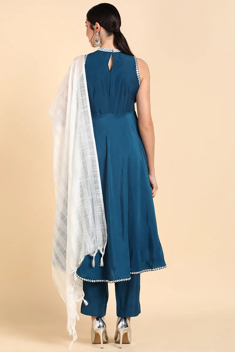 Teal Blue Poly Silk Anarkali Suit Set