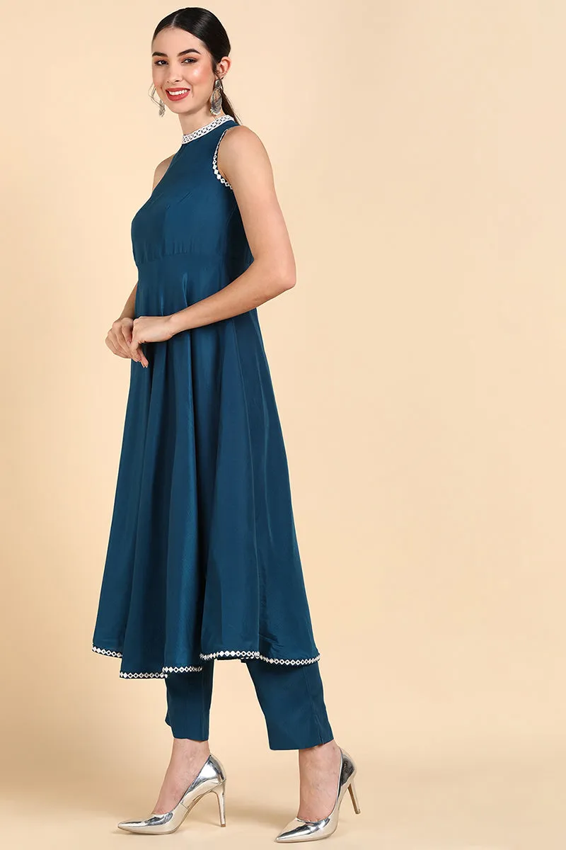 Teal Blue Poly Silk Anarkali Suit Set