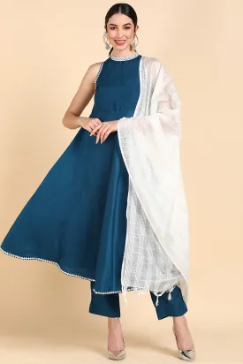 Teal Blue Poly Silk Anarkali Suit Set