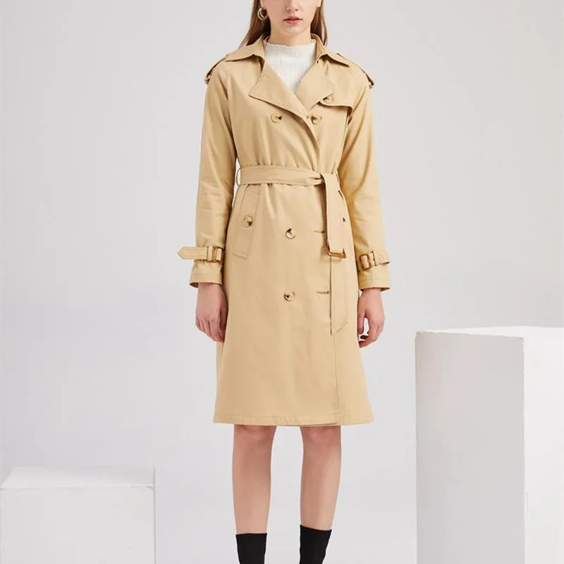 Women double breasted waist belt long sleeve trench coat