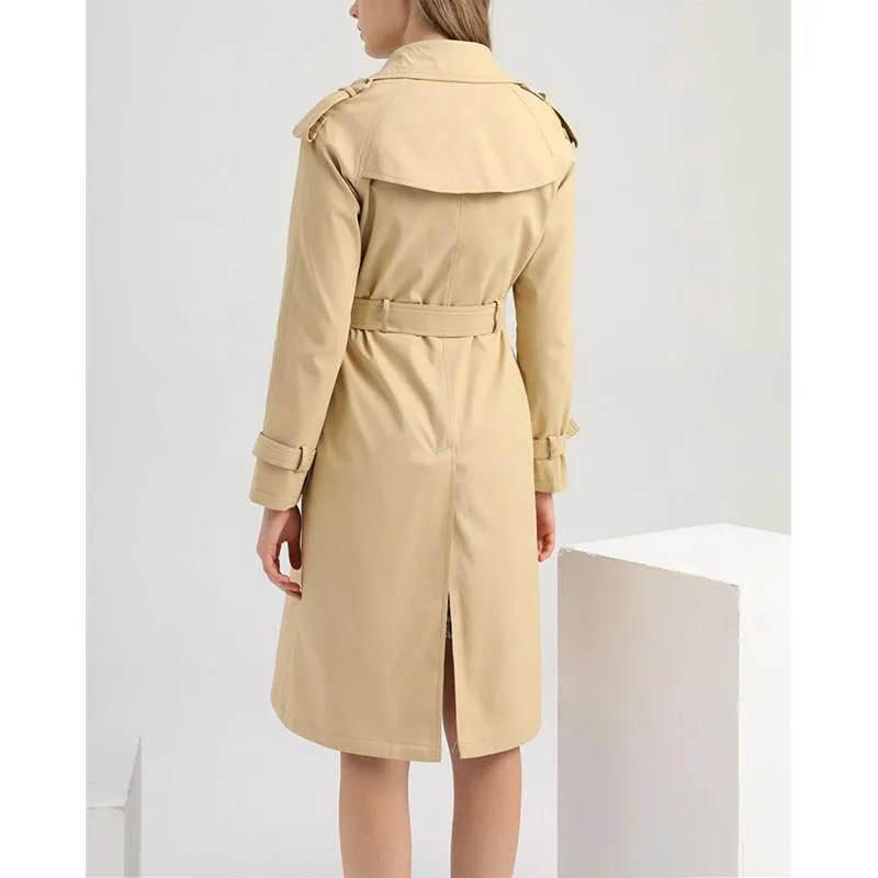 Women double breasted waist belt long sleeve trench coat